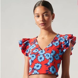 Sugar Lips Mira Mar Floral Ruffle Shoulder Crop Top